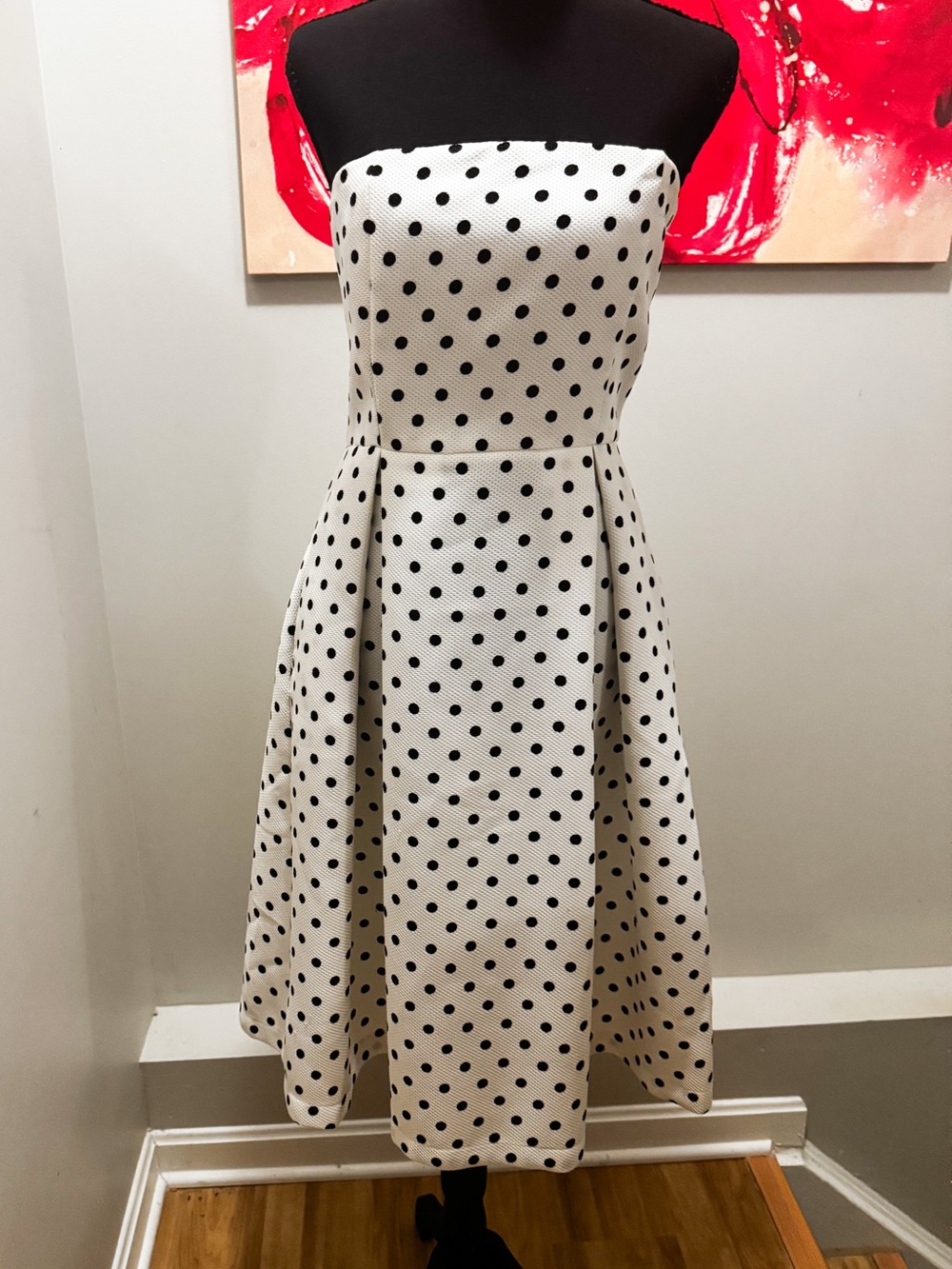 Sans Souci Strapless White Dress with Black Polka Dots